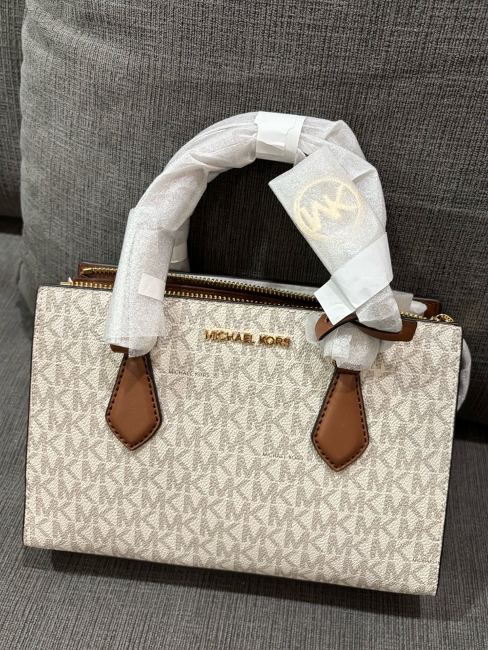Michael Kors Cream Logo Satchel with Brown Trim